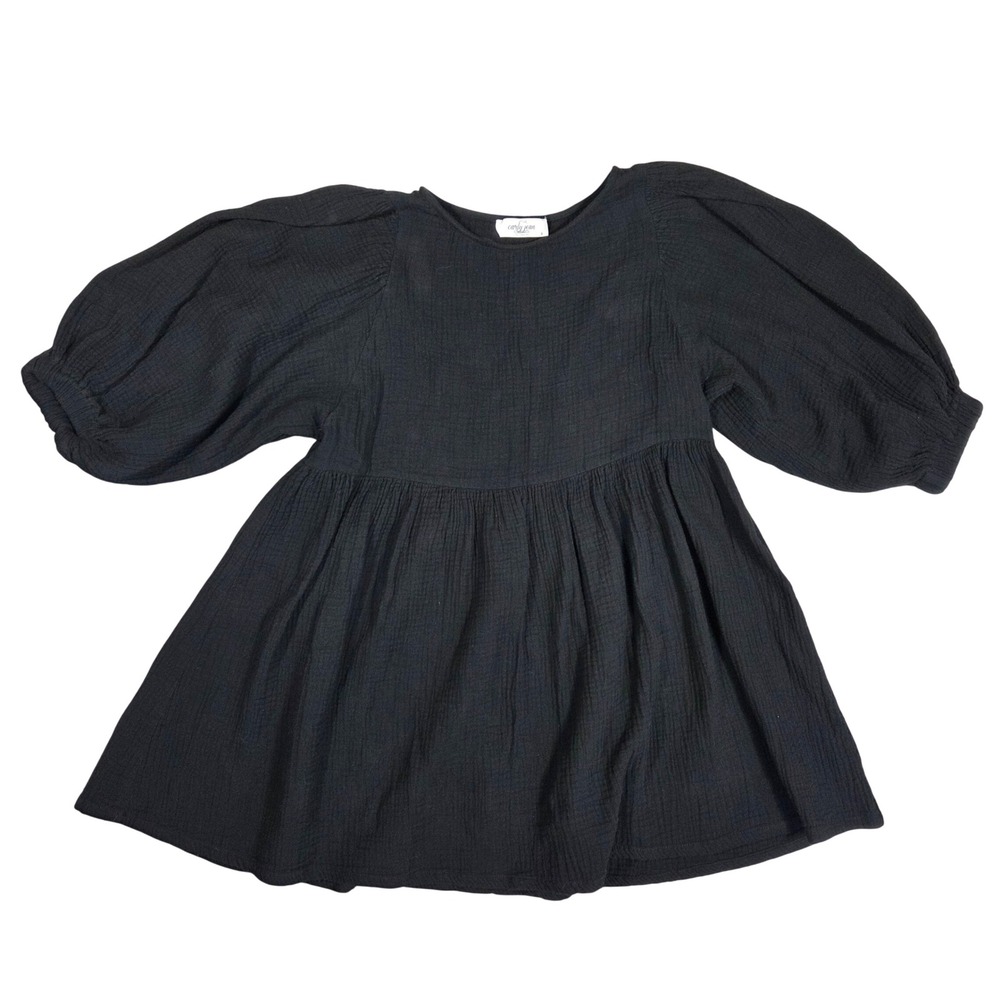Carly Jean Los Angeles Black Cotton Gauze Puff Sleeve Babydoll Tunic Top S YD629